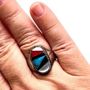 Vintage Zuni Artist EC Inlay Turquoise Coral Onxy Ring Size 9.5